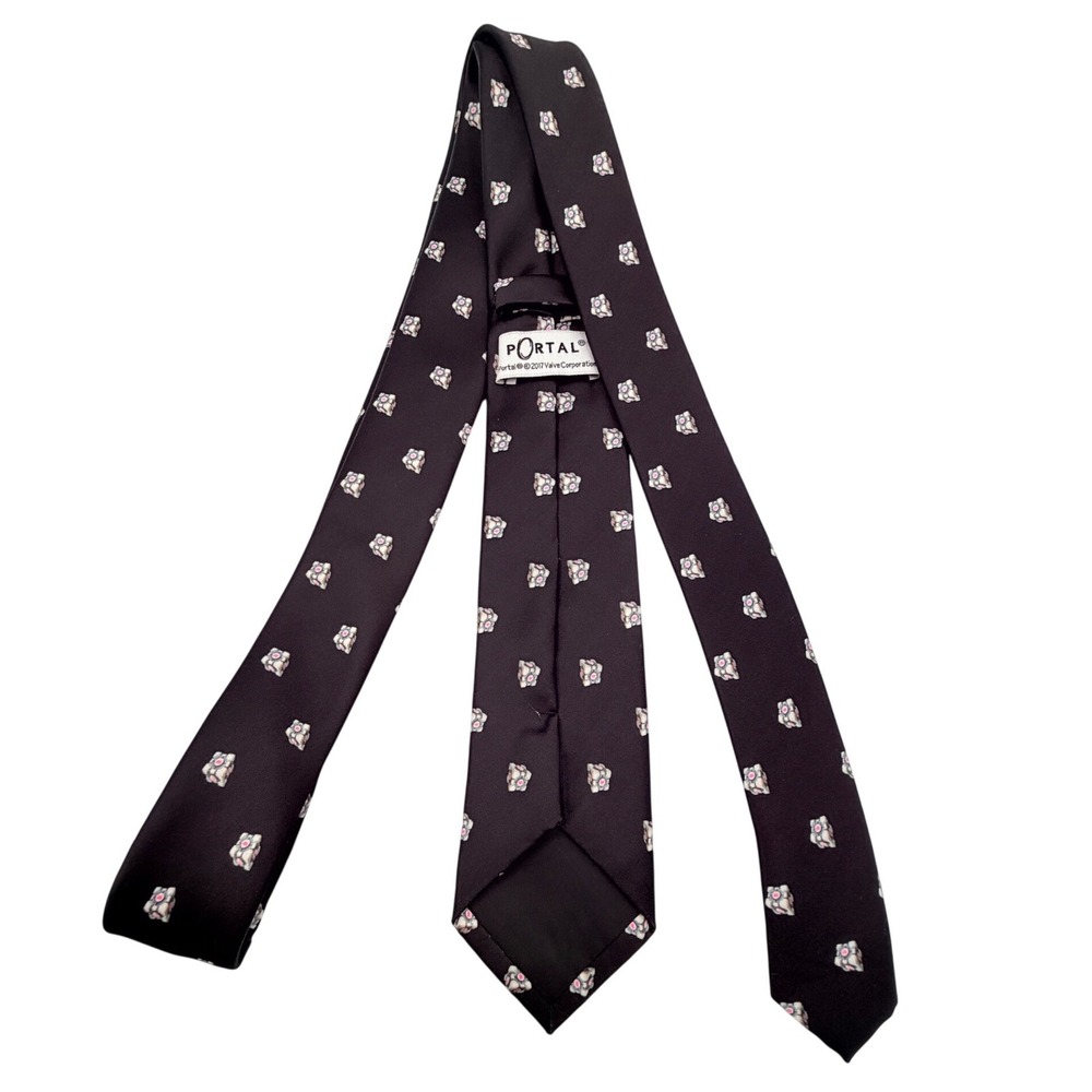Portal Companion Cube Tie Valve Video Games Black Satin Necktie Mens Accessory